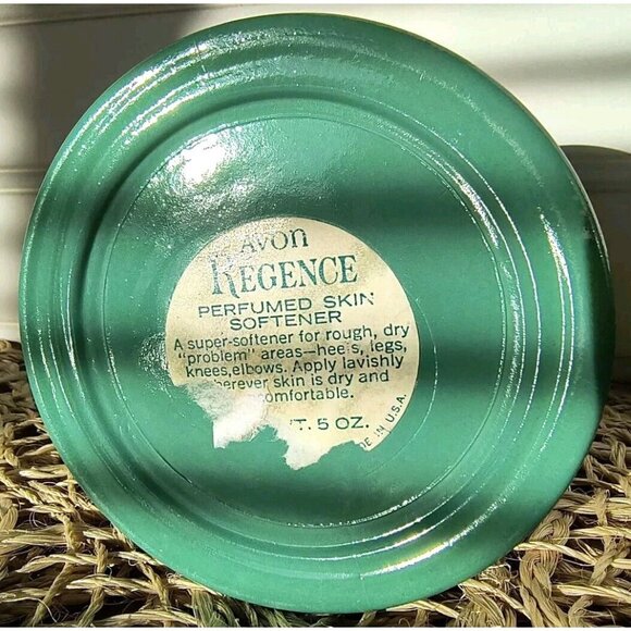 Vintage Avon Regence Milk Glass Jar, Green Glass Outside Marble Plastic Lid, EUC - Picture 7 of 8